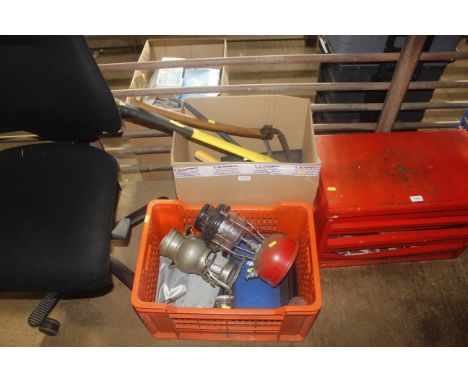 A box containing various tools to include axe, hand held scythe, crowbar, garden shears, pair of Record 4" G-clamps and a box