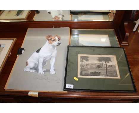A pastel study of a Jack Russell; a framed print of Cobham hall and a framed watercolour study of a landscape scene