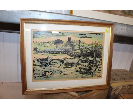 A wood cut print of a harbour scene, unsigned