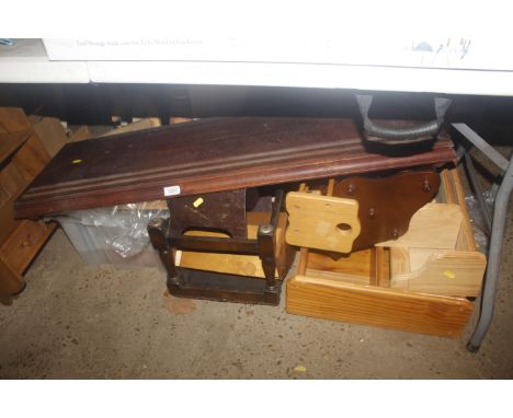 A quantity of various small wooden furniture to include book racks, pine shelves, small footstool, wall mounting shelf etc.