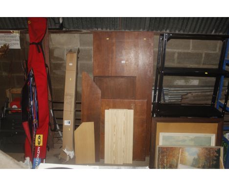 A quantity of various wooden table top sections, shelf pieces etc.