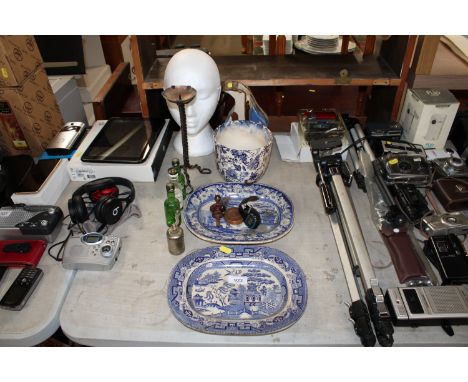 A Studio Pottery vase, two blue and white meat plates, a blue and white vase, wrought iron candlestick, wristwatch etc.
