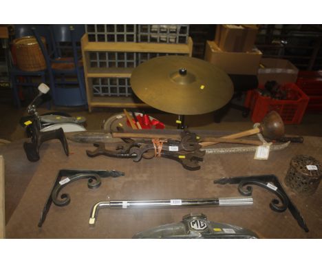 A small copper wash dolly 'Handy', a cast iron shoe last, five various large antique spanners, a vintage wagon wheel remover/