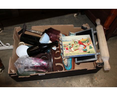 A box containing various sundry items to include a model boat, glass vase, rolling pin etc.