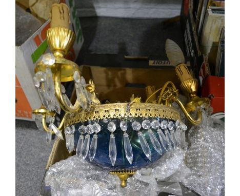 Gilt metal centre light fitting, coronet frame with three branches, faceted lustre drops, coronet diameter 21cm, and a simila