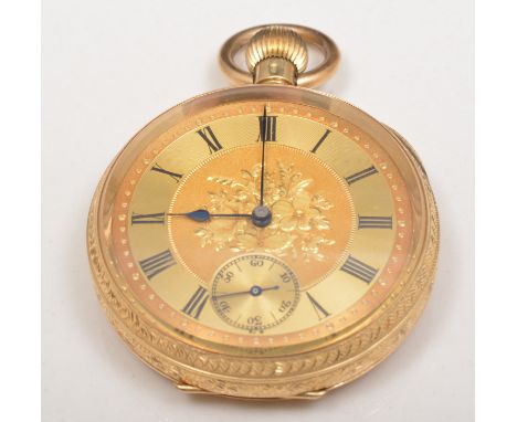 18k gold pocket watch, engine turned dial, bright cut case, keyless lever movement, diameter 4.1cm.