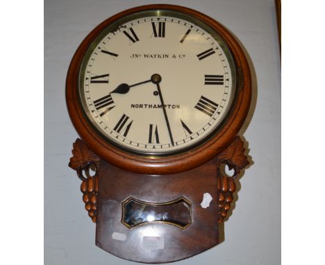 Mahogany wall clock, re-painted enamel dial, signed J N o Watkin & Co, Northampton, single fusee movement, 55cm.