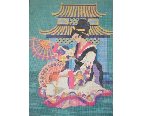 Two Penelope needlework tapestry, leather belts, kid gloves.