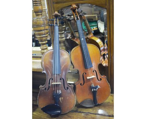 Violin, 34cm two piece back, with a bow, cased and another violin with a light coloured two piece back, with a box, cased (2)