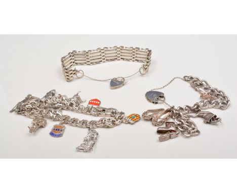 White metal charm bracelet, with silver, white metal and enamel charms, another charm bracelet and a gate bracelet (3).