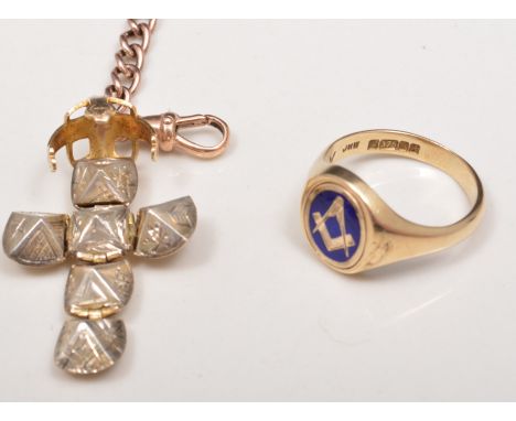 9ct hallmarked gold and enamel Masonic ring, a rose metal single albert, indistinctly marked with an orb pendant and another 