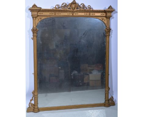 Victorian re-painted gilt over mantel, arched plate cartouche cresting, flanked fluted half columns, width 125cm, height 162c
