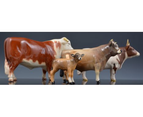 Beswick model of a Hereford Bull, no. 949, 14.5cm high, an Ayrshire Bull "Whitehill Mandate", no.1454, a Dunsley, "Coy Boy", 