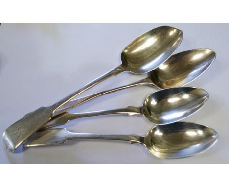 Two 19th Century silver tablespoons, nine fiddle pattern dessert spoons and a silver candlestick in an oak cutlery box.