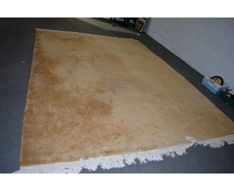 Chinese gold coloured sculptured wood carpet, floral design, 366cm x 276cm.
