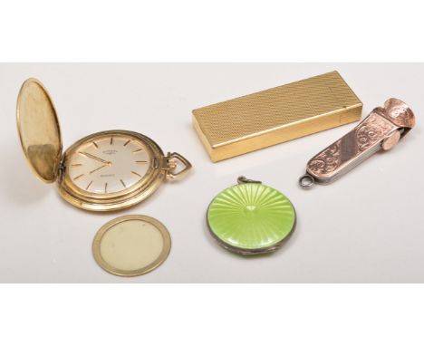 Rose metal cigar cutter, bright cut engraved decoration, a Dunhill lighter, a Rotary Quartz yellow metal pocket watch and an 