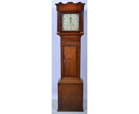 Oak and mahogany longcase clock, square painted dial signed Sharman, Melton Mowbray, shell motifs to the spandrels, thirty ho