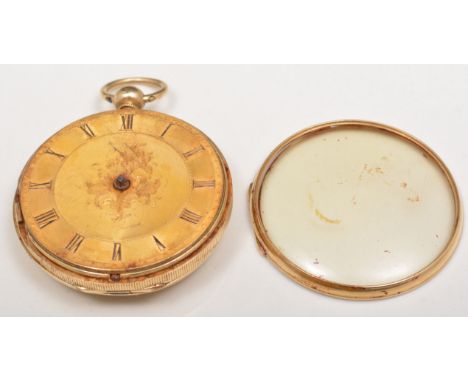 Lady's 18ct gold fob watch, engine turned dial, bright cut decoration, damaged, 4.1cm.