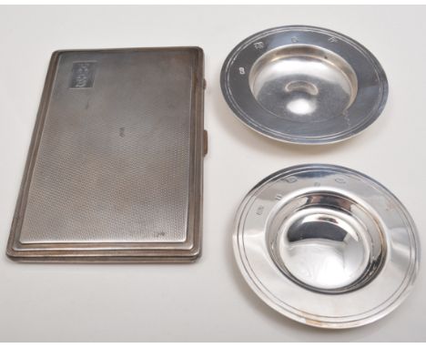 Silver cigarette case, Birmingham 1938, engine turned, engraved presentation inscription, 13cm and two small silver armada di