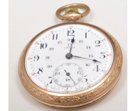 Yellow metal Omega pocketwatch, white enamel dial, numbered to 24, keyless lever movement, the back plate inscribed Omega Wat