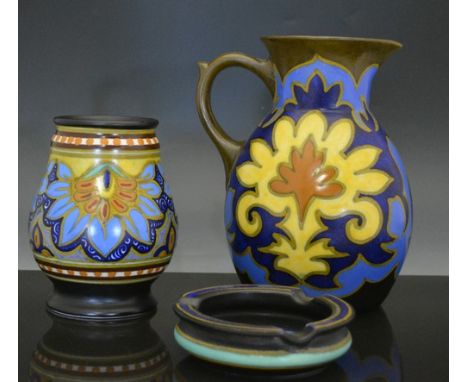 Carltonware two handled vase, Oak Tree design, 22cm, a Gouda jug, other Dutch Art pottery and a Continental Parian group.