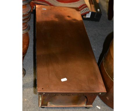 Copper warming stand, width 66cm, copper saucepans, a fish kettle, other metalware together with a copper helmet shape coal s