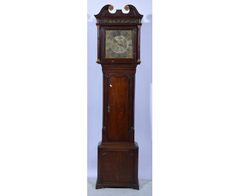 Oak and mahogany longcase clock, square brass dial, signed Lawson Leigh, silvered chapter ring and centre with a date apertur