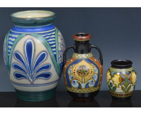 Dutch Art Pottery ovoid vase, Damascus pattern, 20cm, two Gouda vases and a collection of Dutch Art Pottery.