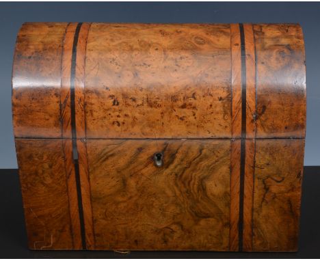 Victorian burr walnut casket shape tea caddy, domed top with herringbone banding, two section interior, width 23cm.