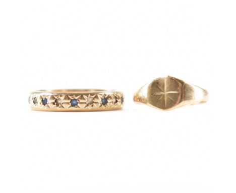 Two hallmarked 9ct gold rings to include a signet pinkie ring with incised star detail to head and an eternity ring set with 