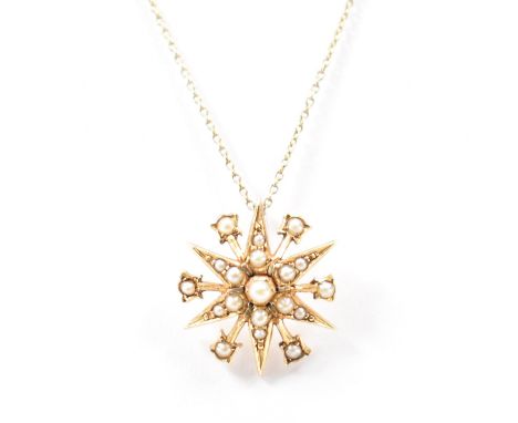 A 19th Century Victorian gold and seed pearl pendant. The pendant in the form of a star set throughout with half seed pearls.