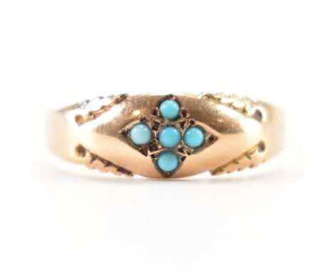 A 19th Century Victorian hallmarked 15ct gold and turquoise ring. The ring having a domed head set with five turquoise caboch