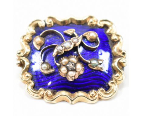 A 19th Century George III gold seed pearl and enamel mourning brooch. The brooch of square form with a scrolled border with a