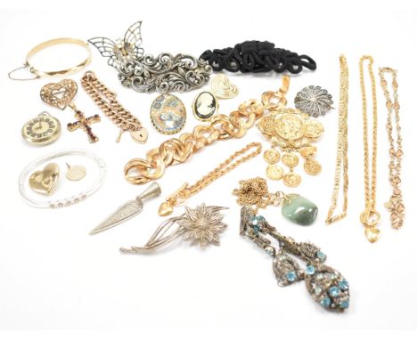 A collection of vintage costume jewellery. The lot to include a gold plated curb link bracelet, two bangle bracelets, a large