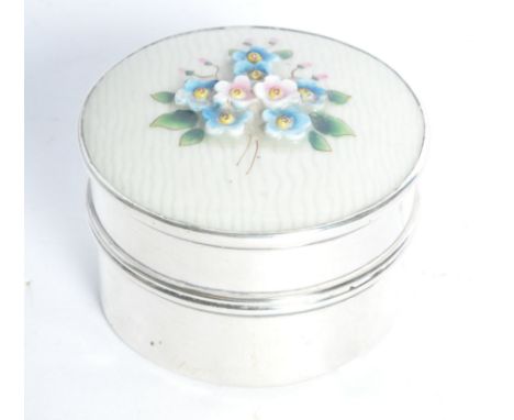 A silver hallmarked, porcelain encrusted enamel painted pin box. Hallmarked for Birmingham, date letter Z for 1924, Sponsors 