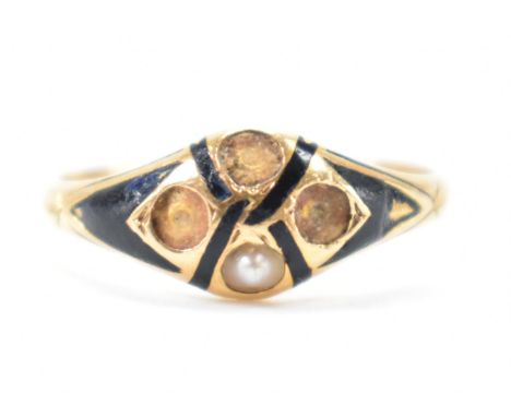 19th century Victorian 18ct gold and half pearl mourning ring. Three half pearls missing set with enamel decoration. Hallmark