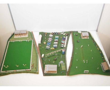 A group of 1:76 scale handbuilt model dioramas comprising a cricket match scene, a bowling green and a Morris 1000 club meetu