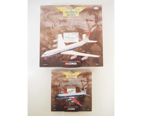 A pair of CORGI Aviation Archive 1:144 scale diecast passenger aircraft from the 'Classic Propliners' and 'Classic Jetliners'