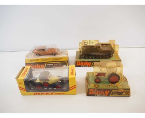 A group of vintage DINKY diecast vehicles in original boxes - comprising: 131 Jaguar E-Type, 305 David Brown Tractor, 476 Mor