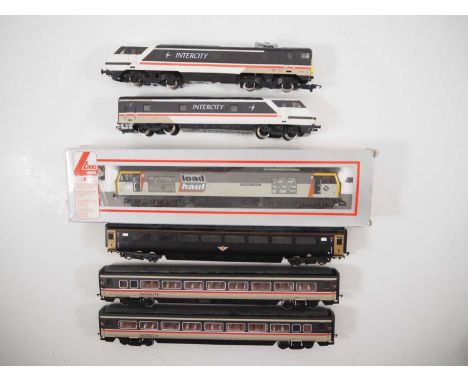 A group of OO gauge rolling stock by HORNBY and LIMA comprising an unboxed class 91 electric locomotive, DVT and 2x Mk 4 coac