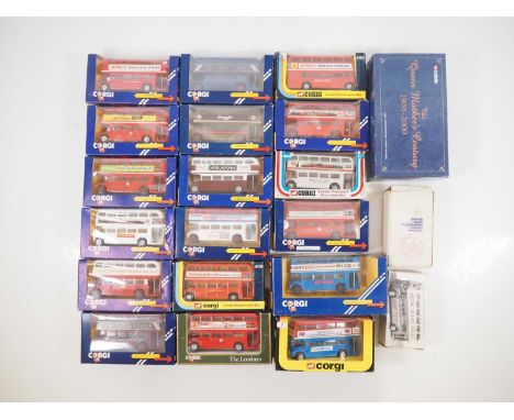 A large group of CORGI diecast Routemaster buses, all different variants, together with a larger 1:50 scale CORGI Routemaster