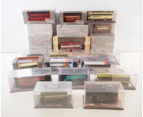 A large group of CORGI OOC 1:76 scale diecast buses and tram, some still in original tissue wrapping - VG/E in VG boxes (23)
