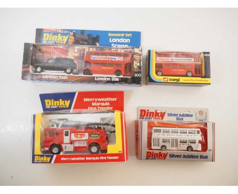 A group of CORGI and DINKY diecast buses, taxi and fire engine, 1970s/80s issues, comprising 285, 297, 300 and 469 - VG in G/