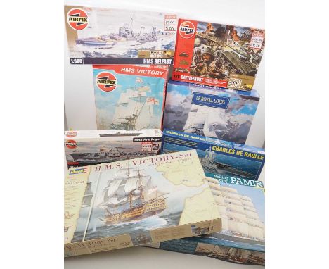 A group of various scale unbuilt plastic kits by AIRFIX and others, mostly ships, contents unchecked but appear complete - VG