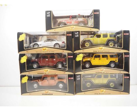 A group of 1:18 scale MAISTO diecast cars, all Premiere Editions, mostly Jeeps and Humvees, all as new in boxes - VG/E in VG/