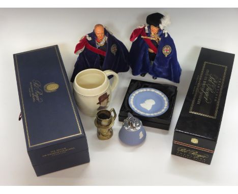 A selection of Sir Winston Churchill items: includes Pol Roger empty Champagne Bottle in case, Tankard, Table Lighter, Wedgwo