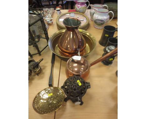 An antique copper Gallon Measure with marks plaque, an antique brass Bowl 15in diam, a copper Pot, a brass and steel Skimmer 