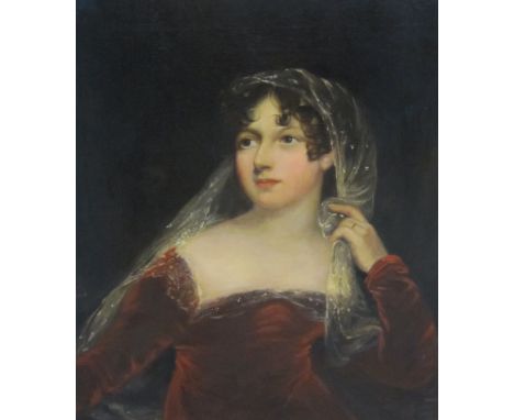 ENGLISH SCHOOL, 19th Century. Portrait of a Lady, wearing a red Dress and white head-dress, bears signature ‘J. Sant’, oil on