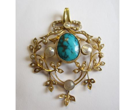 *A Turquoise and Seed Pearl Pendant millegrain-set oval turquoise within openwork leafage plaque set four blister pearls and 