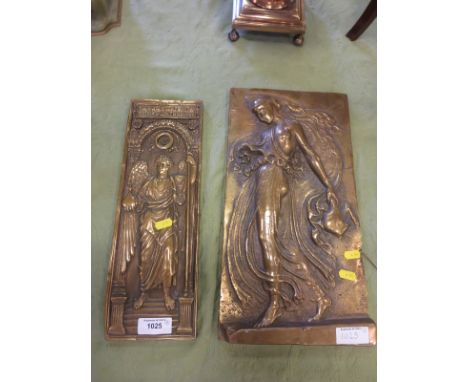 A brass Plaque depicting the Archangel Gabriel between archway 15in H x 5in W and another of Classical Maiden with deer carca